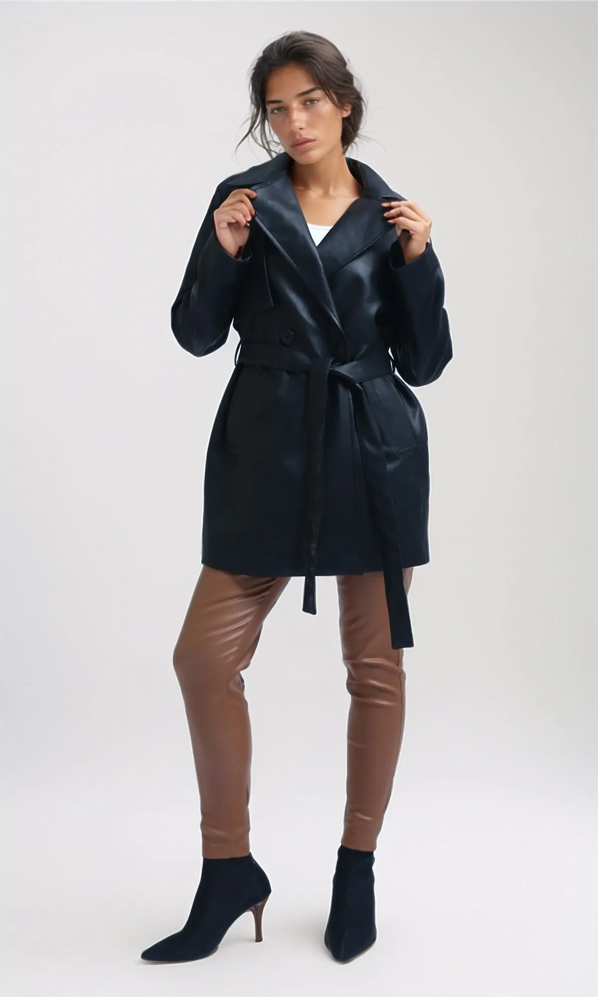 O194961 Long Sleeves Leather Trench Jacket with Belt - Black