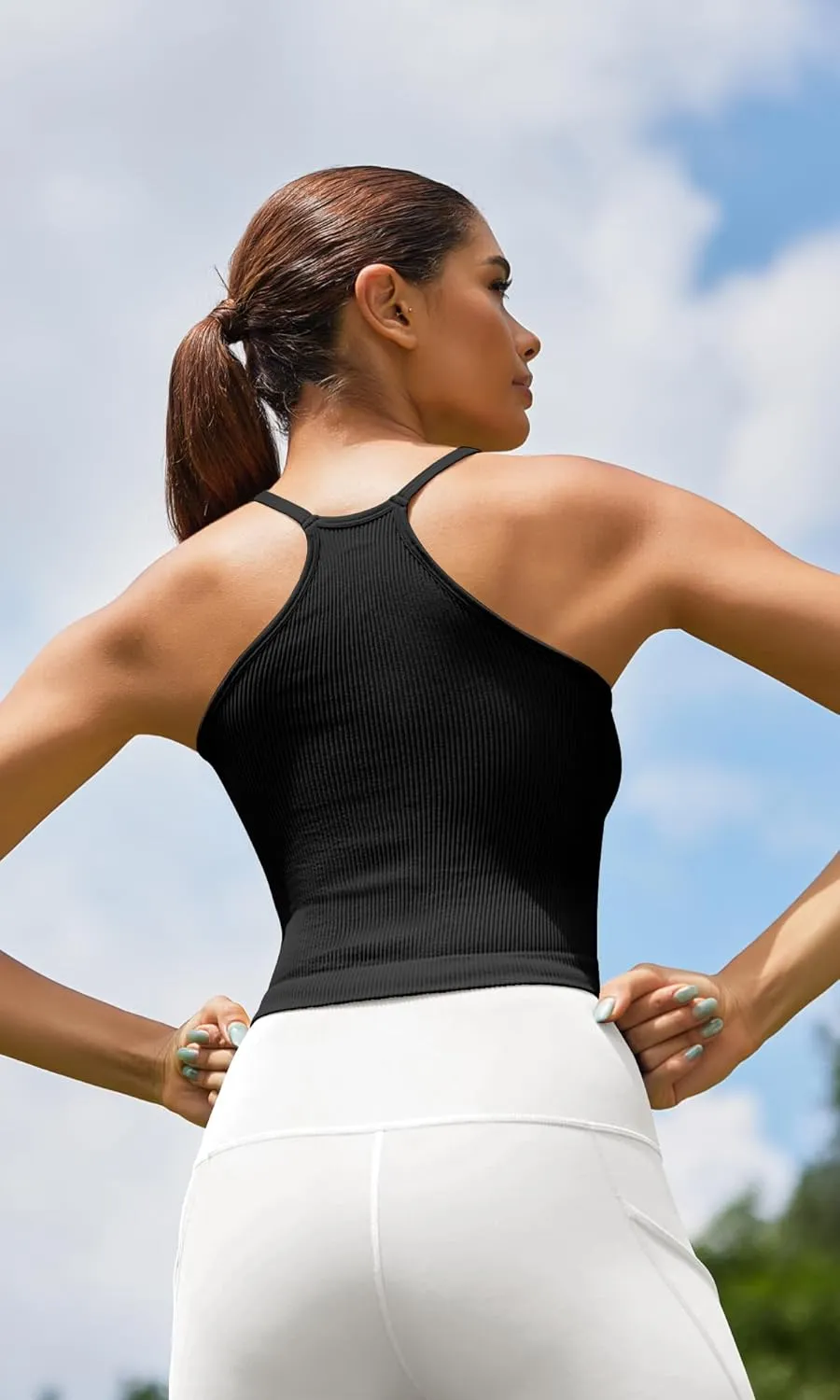 ODODOS Women's Crop Seamless Rib-Knit Camisole Strappy Racerback Cropped Tank Tops