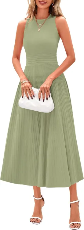 PRETTYGARDEN Spring Casual Dresses for Women 2025 Summer Business Work Midi Sleeveless A Line Pleated Cocktail Dress
