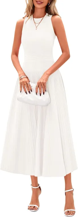 PRETTYGARDEN Spring Casual Dresses for Women 2025 Summer Business Work Midi Sleeveless A Line Pleated Cocktail Dress