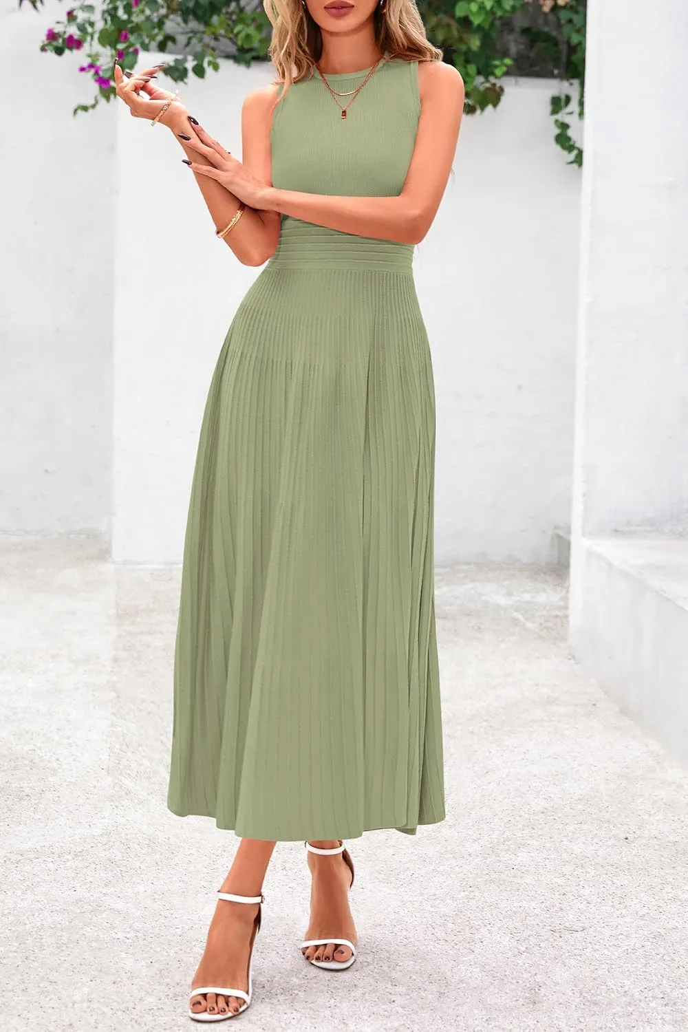 PRETTYGARDEN Spring Casual Dresses for Women 2025 Summer Business Work Midi Sleeveless A Line Pleated Cocktail Dress