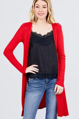Red Side Slit Ribbed Longline Cardigan