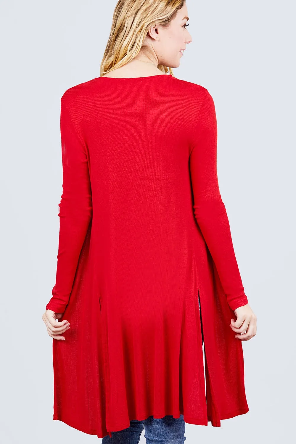 Red Side Slit Ribbed Longline Cardigan