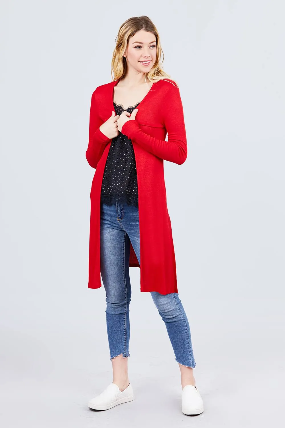 Red Side Slit Ribbed Longline Cardigan