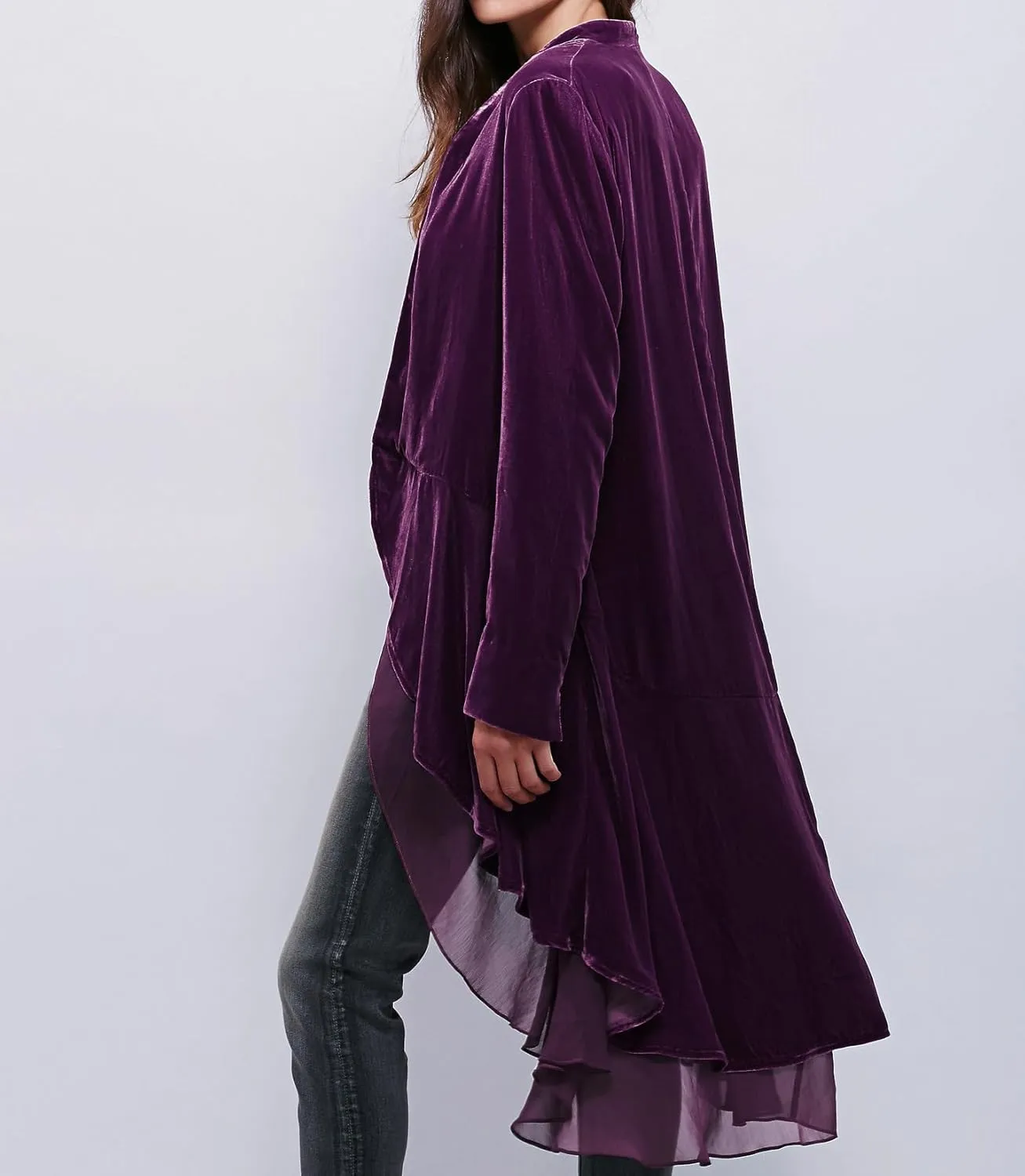R.Vivimos Womens Ruffled Asymmetric Long Velvet Blazers Coat Casual Jackets