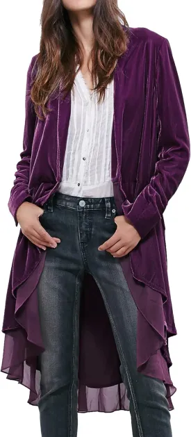 R.Vivimos Womens Ruffled Asymmetric Long Velvet Blazers Coat Casual Jackets
