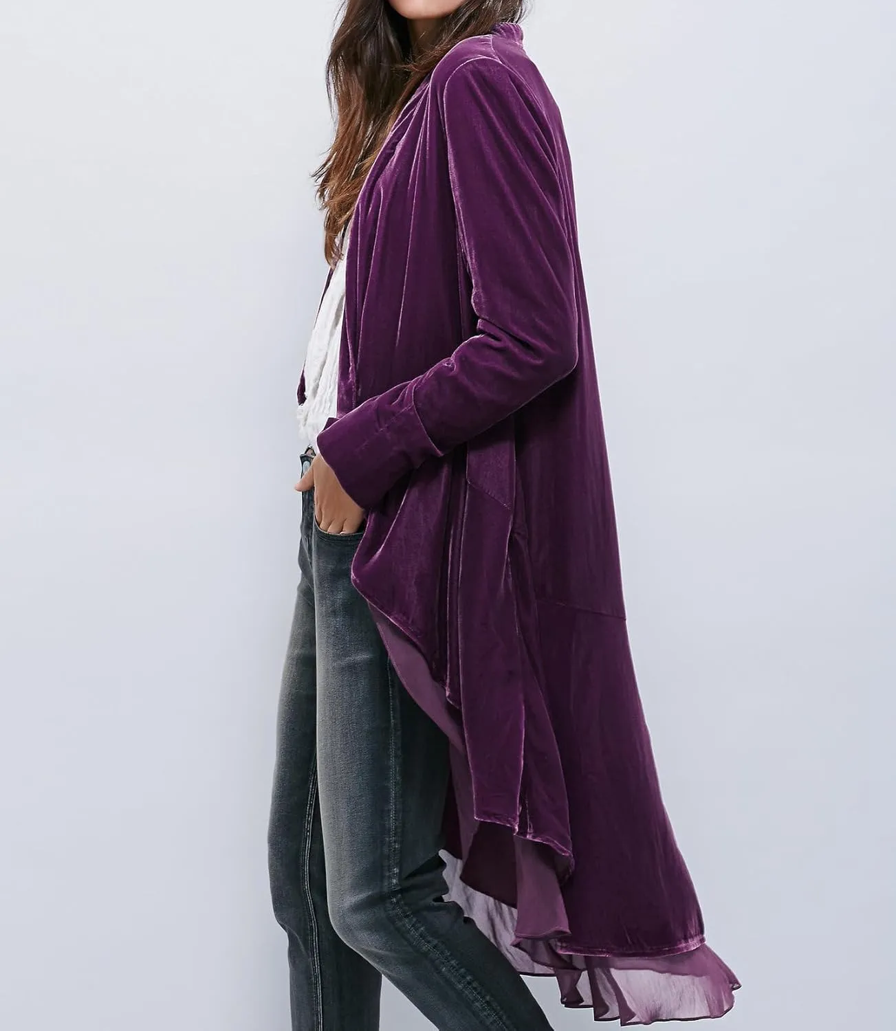 R.Vivimos Womens Ruffled Asymmetric Long Velvet Blazers Coat Casual Jackets