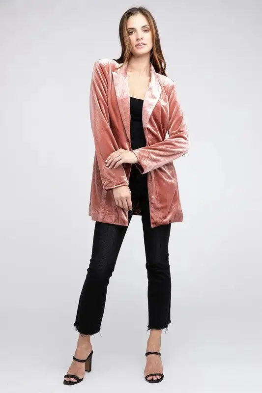 Shiny Velvet Peak Lapel Single Button Blazer