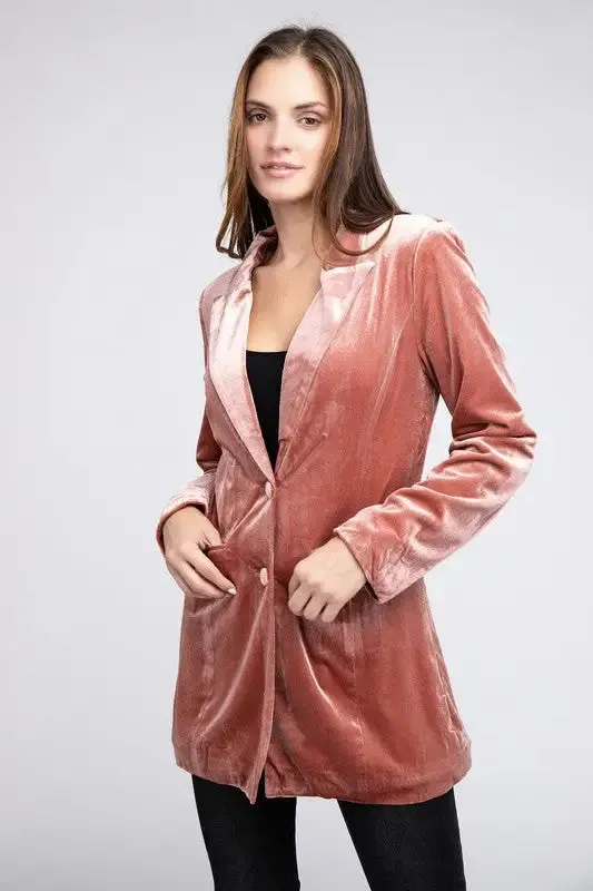Shiny Velvet Peak Lapel Single Button Blazer