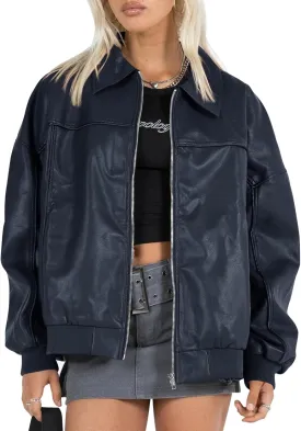 Tankaneo Womens Faux Leather Jackets Oversized Bomber Casual Fall Fashion Zip Up Moto Biker Coats