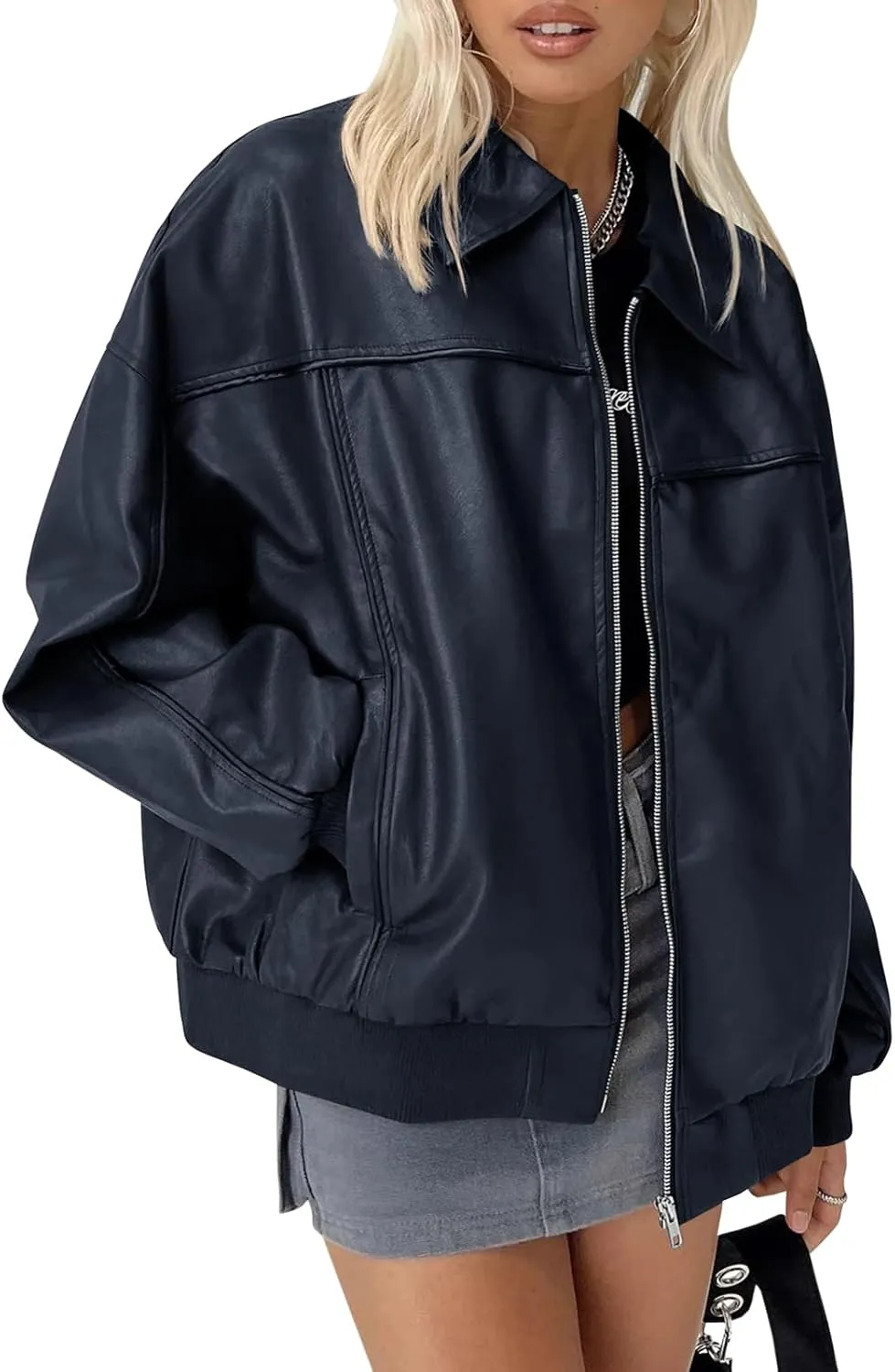 Tankaneo Womens Faux Leather Jackets Oversized Bomber Casual Fall Fashion Zip Up Moto Biker Coats