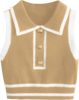 Verdusa Women's Button Front Striped Collar Sleeveless Sweater Vest Knit Top
