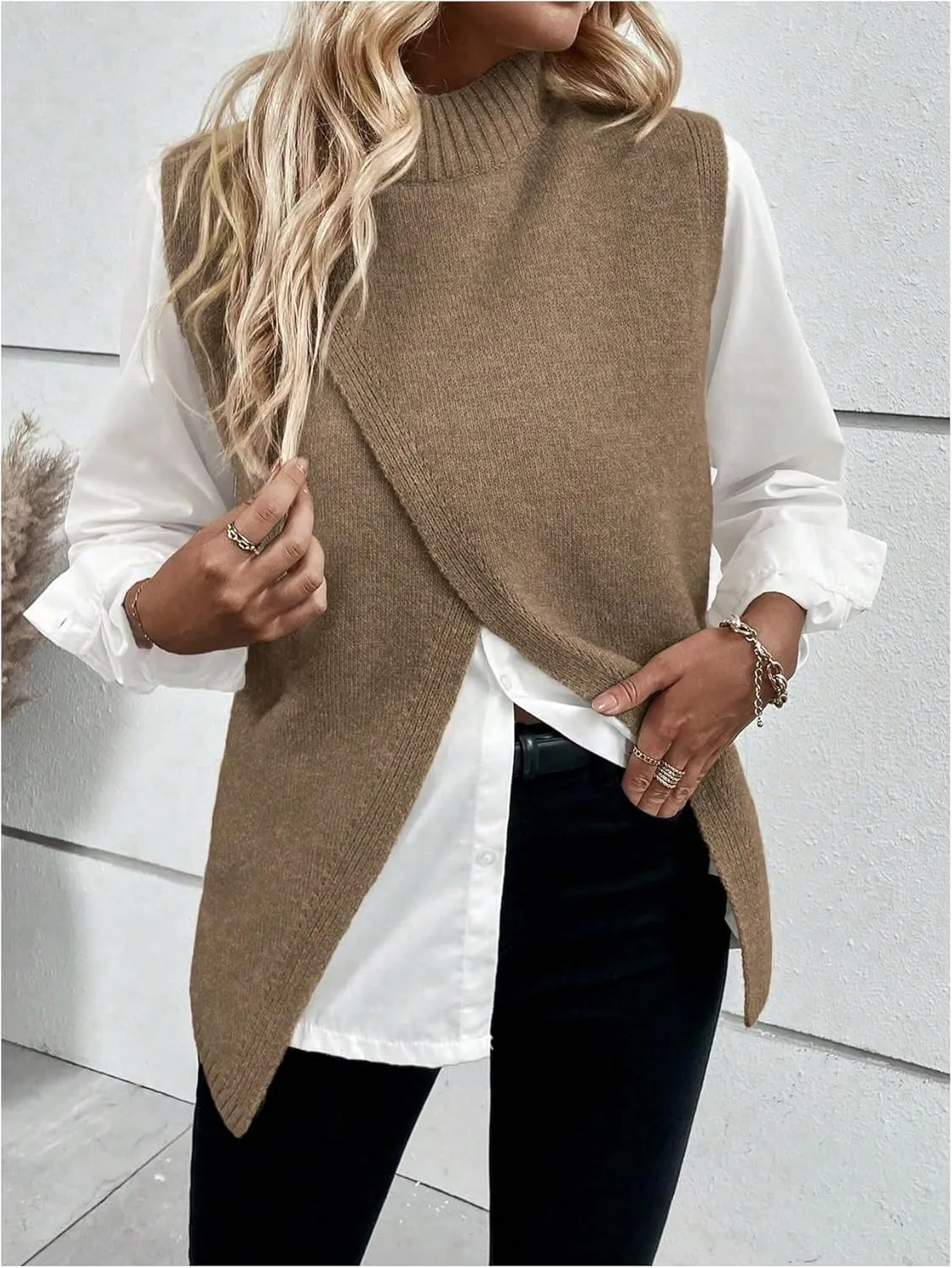 Verdusa Women's Mock Neck Sleeveless Split Wrap Sweater Vest Pullovers