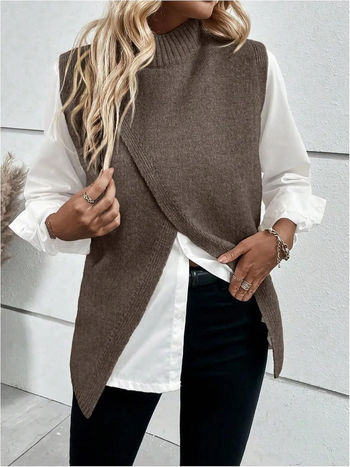 Verdusa Women's Mock Neck Sleeveless Split Wrap Sweater Vest Pullovers
