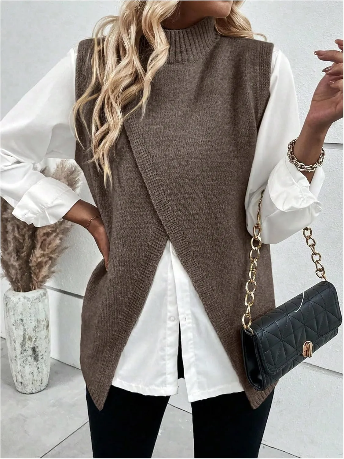 Verdusa Women's Mock Neck Sleeveless Split Wrap Sweater Vest Pullovers