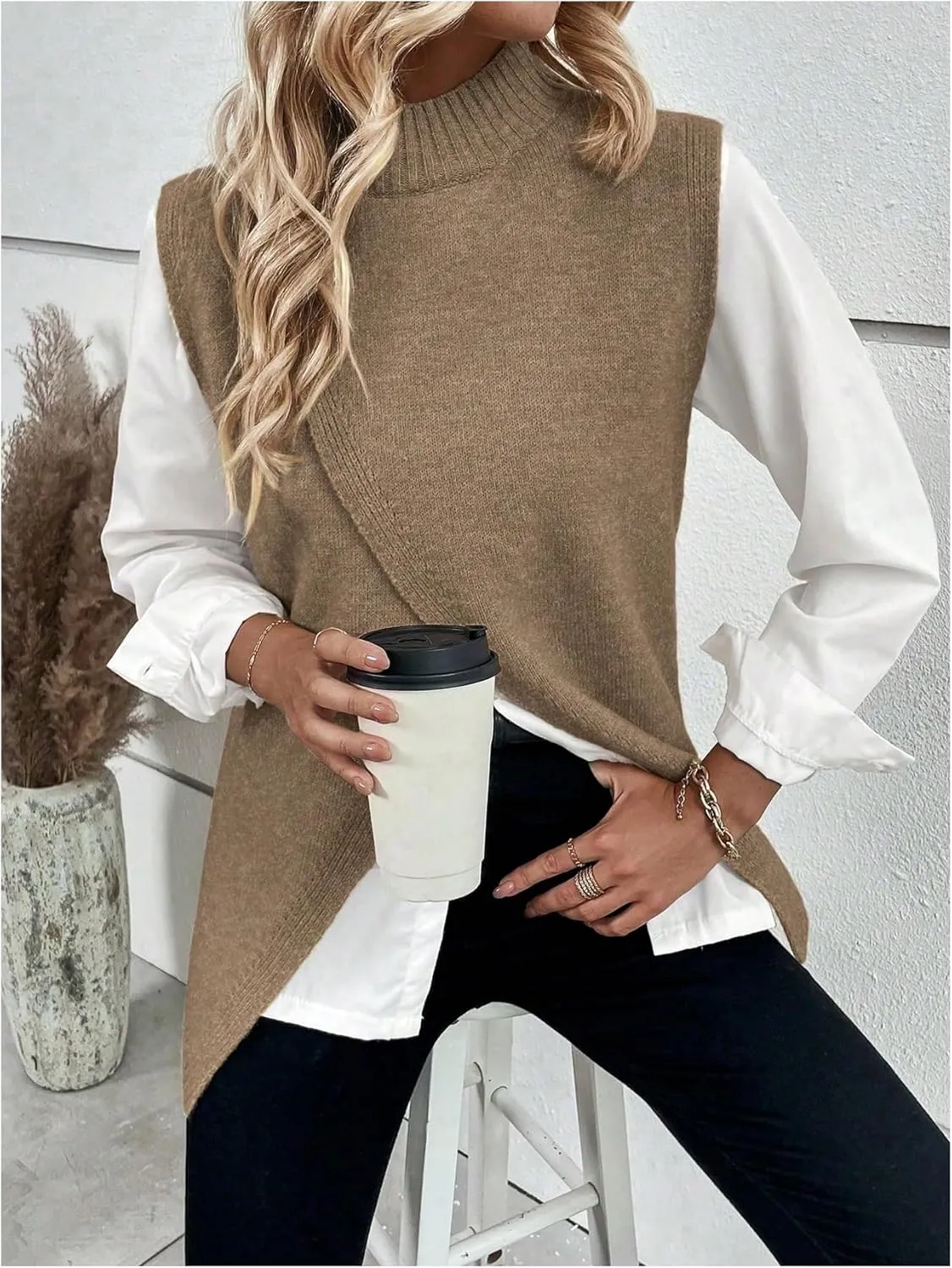 Verdusa Women's Mock Neck Sleeveless Split Wrap Sweater Vest Pullovers