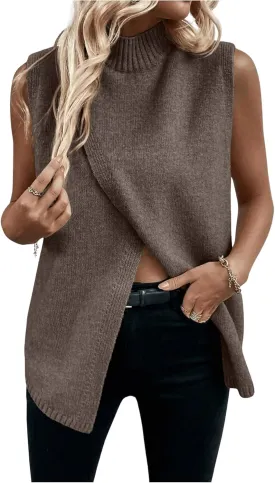 Verdusa Women's Mock Neck Sleeveless Split Wrap Sweater Vest Pullovers