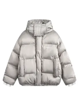 Vintage Print Stand Collar Hooded Puffer Jacket