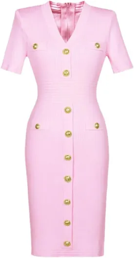 Vsadsau Women's Knitted Dress V-Neck Buttons Short Sleeve Solid Casual Slim Fit Stretch Midi Dresses