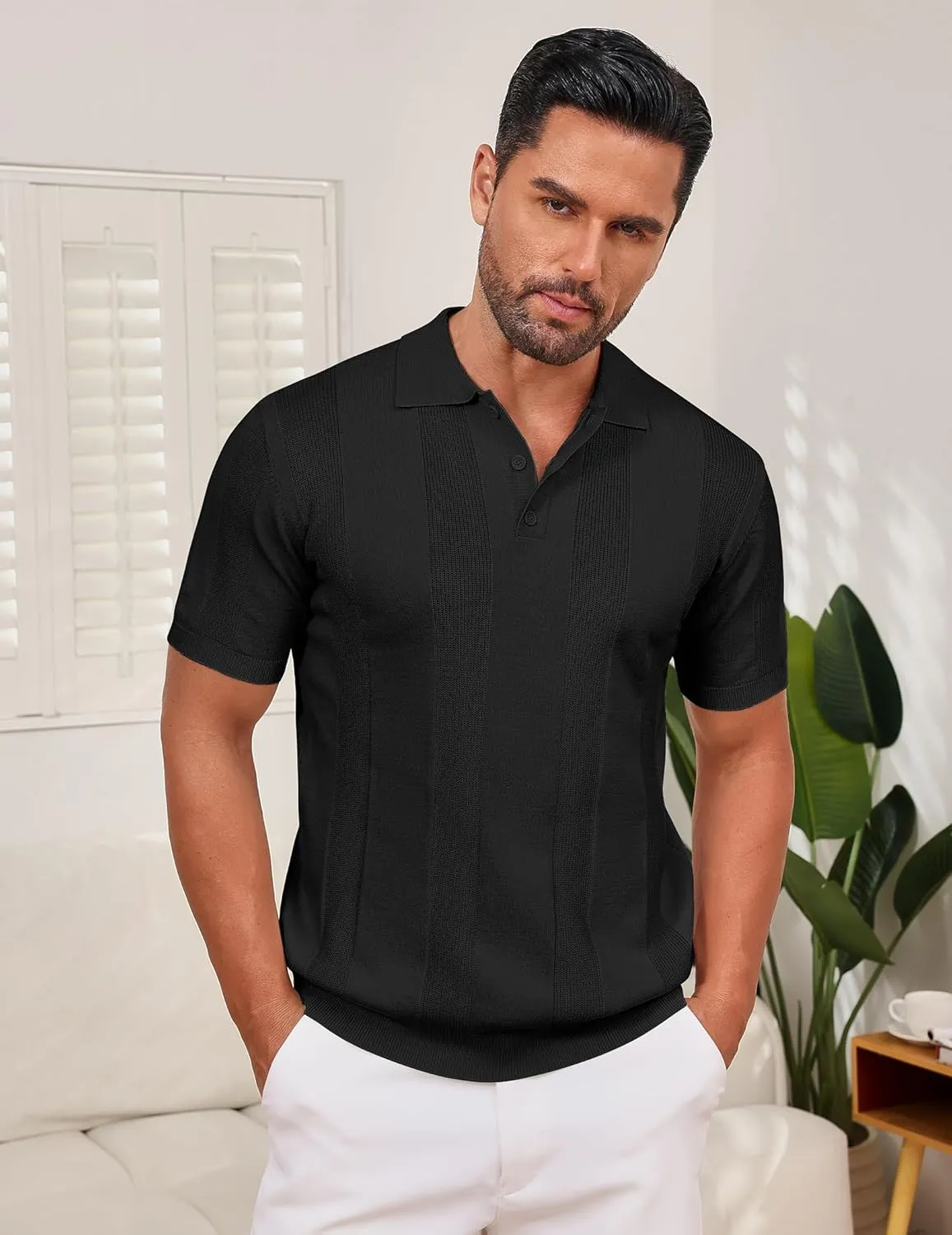 Vssjavun Mens Knit Polo Shirts Short Sleeve Textured Knitted Shirt Casual Golf Polo T Shirt