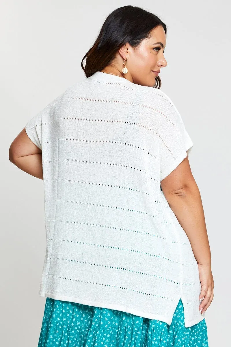 White Knit Cardigan Crochet Short Sleeve