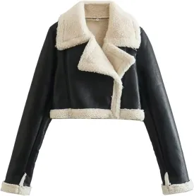Women Leather Jacket Faux Fur Moto Jacket Thicken Fleece Lined Parka Winter Shearling Fluffy Coat Cropped Bomber Jacket