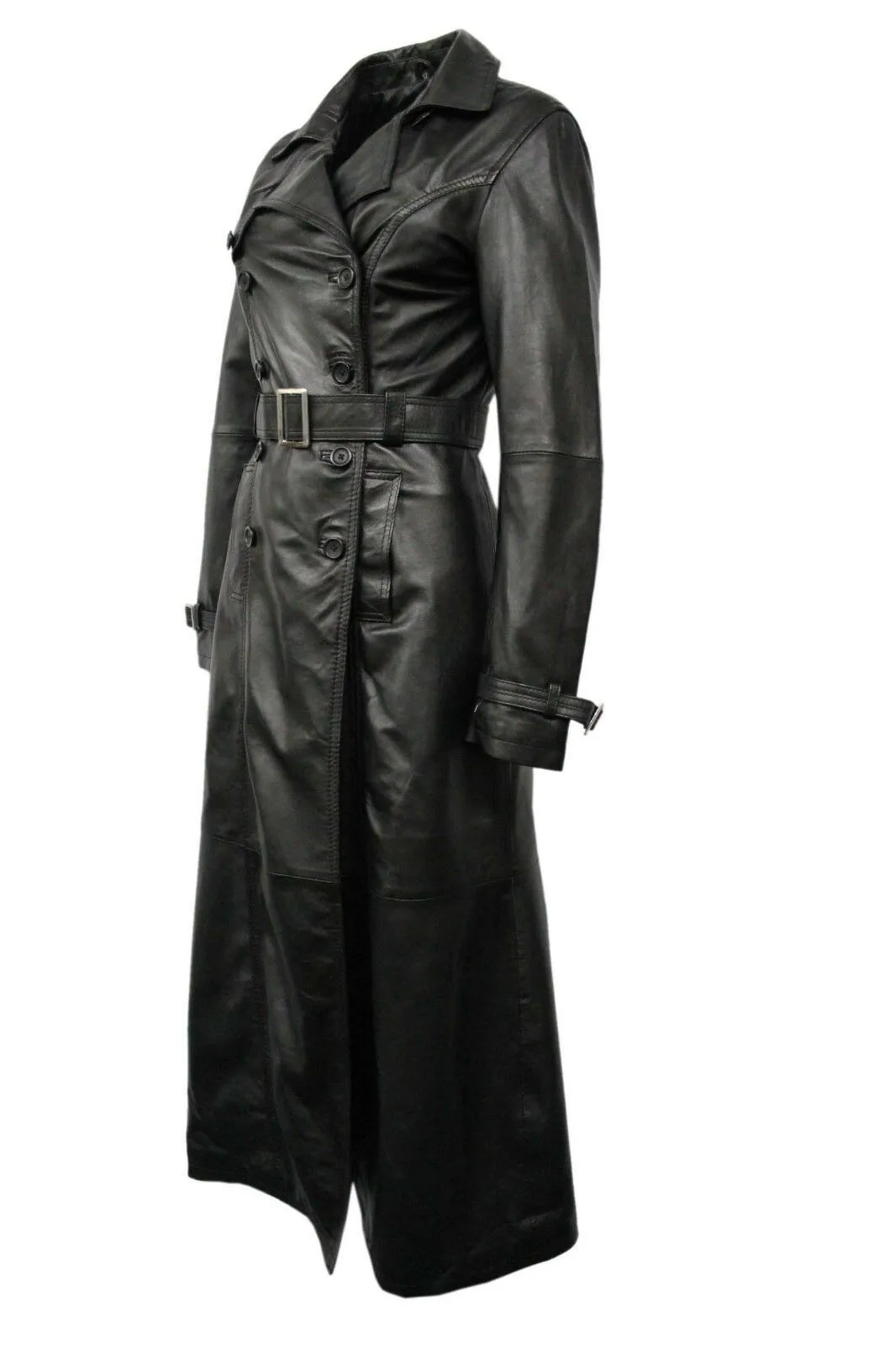 Women's Casual Full Length Trench Style Fitted Leather Jacket