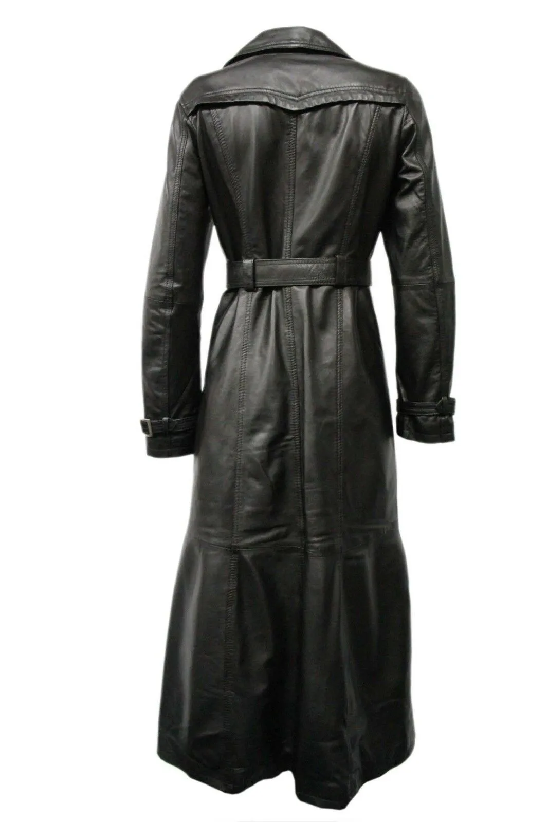 Women's Casual Full Length Trench Style Fitted Leather Jacket
