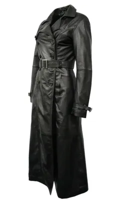 Women's Casual Full Length Trench Style Fitted Leather Jacket