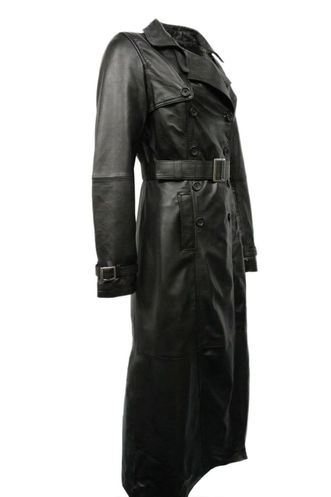 Women's Casual Full Length Trench Style Fitted Leather Jacket