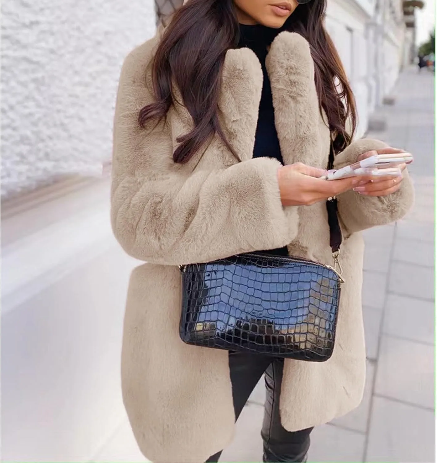 Womens Faux Fur Long Coats Warm Winter Outwear Fleece Overcoat Open Front Long Cardigan Jacket with Pockets