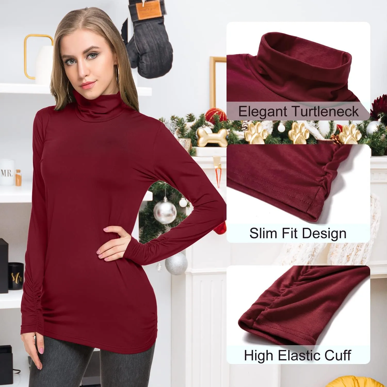Womens Mock Turtleneck Tops Long Sleeve Fleece Lined Lightweight Thermal Base Layer